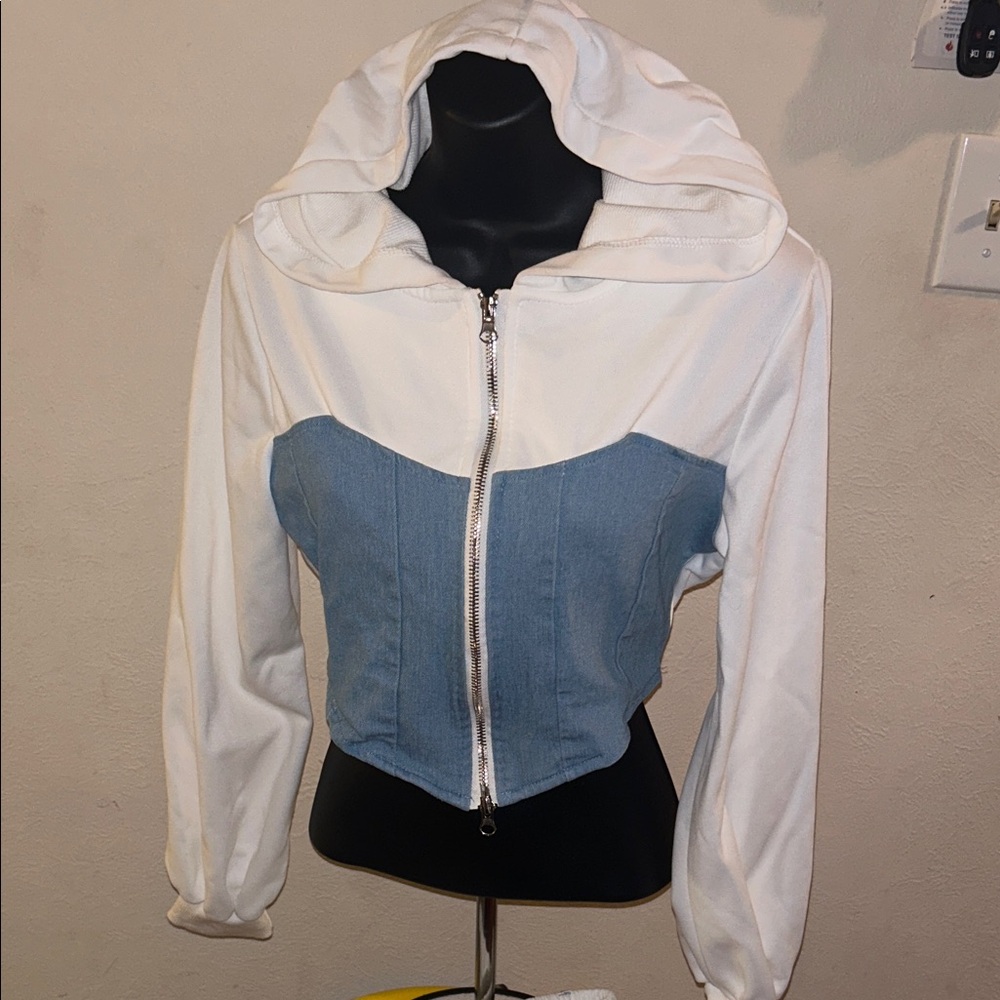 White Hooded Jacket with Denim Corset Panel and pants set